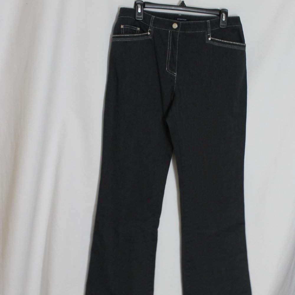 JONES NEW YORK Black Boot Cut Denim Jeans Size 10 White Stitched Stretch Pockets